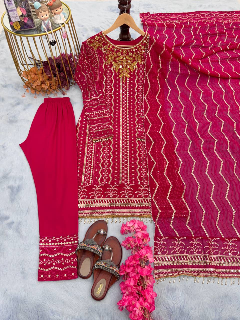 Sequence Work Georgette Pink Color Kurti Set