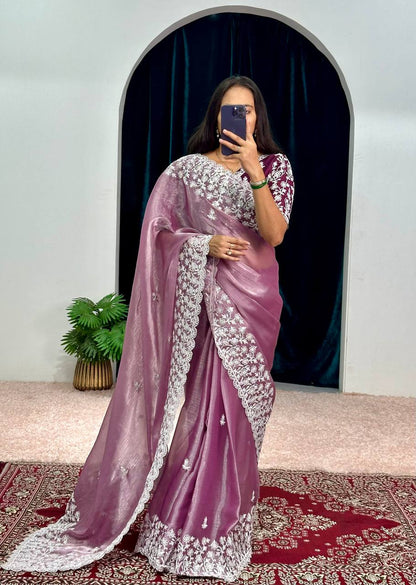 Wonderful Pink Color Embroidery Work Saree