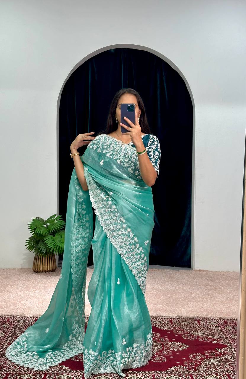 Wonderful Sky Blue Color Embroidery Work Saree