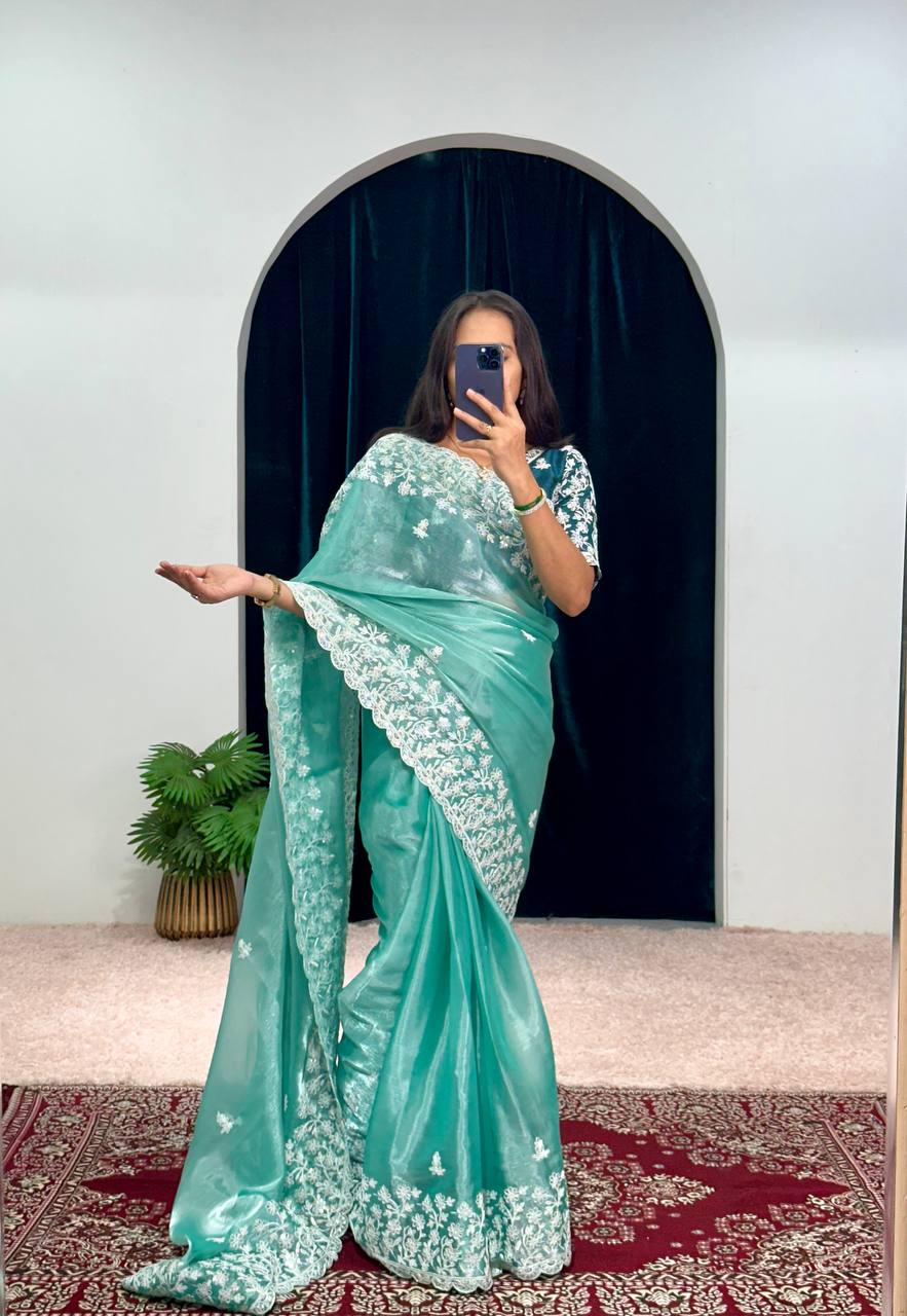 Wonderful Sky Blue Color Embroidery Work Saree