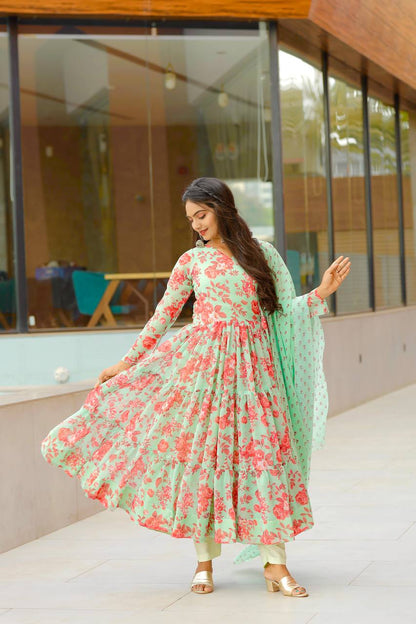 Casual Wear Digital Print Pista Color Anarkali Gown