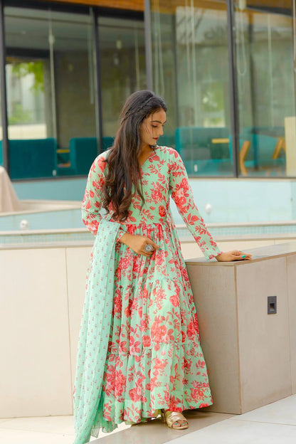 Casual Wear Digital Print Pista Color Anarkali Gown