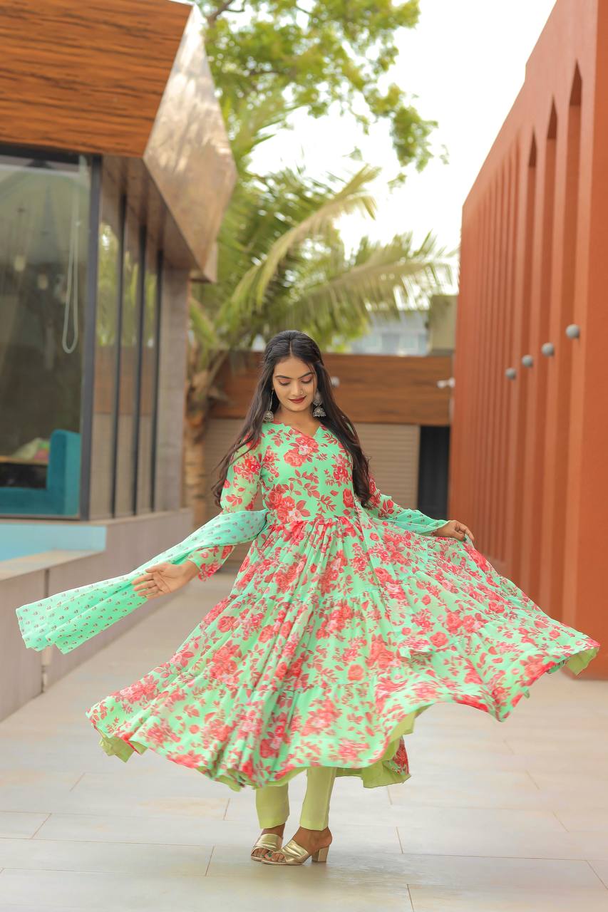 Casual Wear Digital Print Pista Color Anarkali Gown