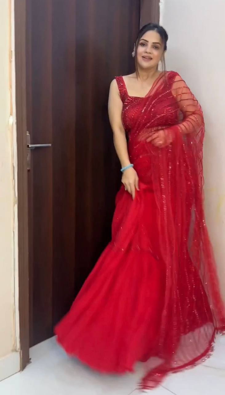 Ready To Wear Red Thread Work Net Lehenga Saree