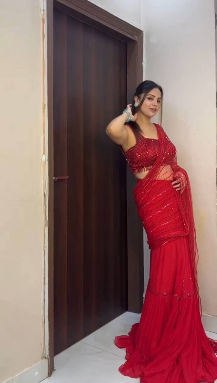 Ready To Wear Red Thread Work Net Lehenga Saree