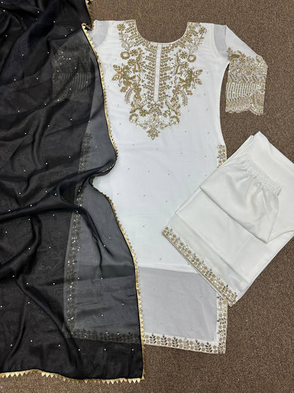 Marvelous Work White Color Embroidery Work Palazzo Suit