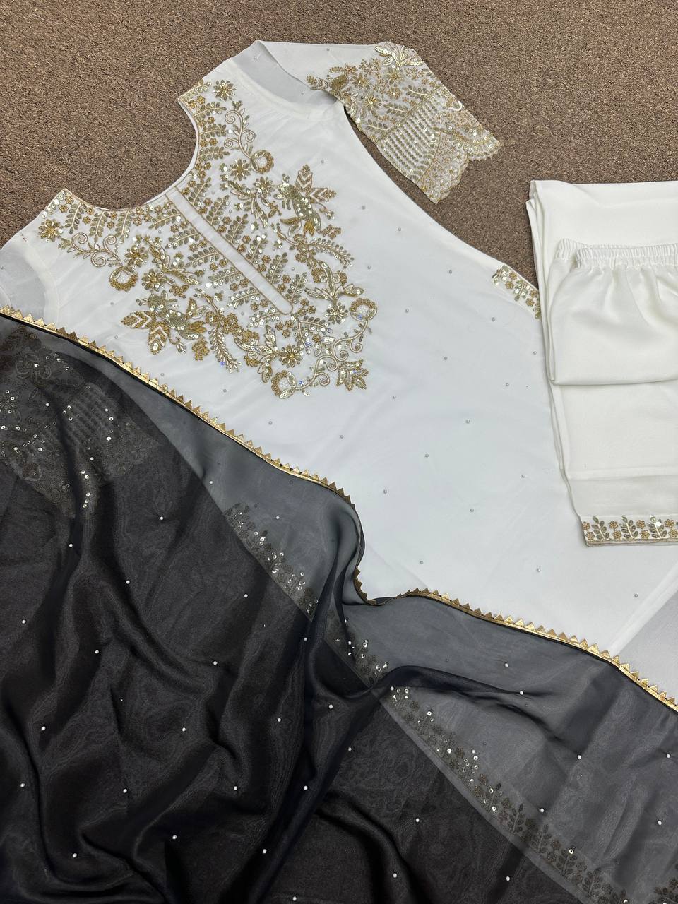 Marvelous Work White Color Embroidery Work Palazzo Suit