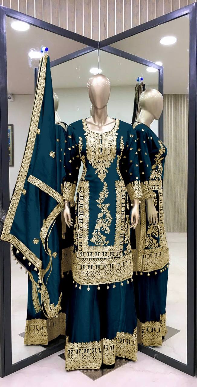 Embroidery Work Teal Blue Color Stylish Palazzo Suit