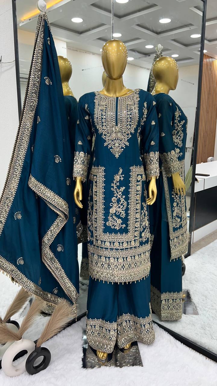 Embroidery Work Teal Blue Color Stylish Palazzo Suit