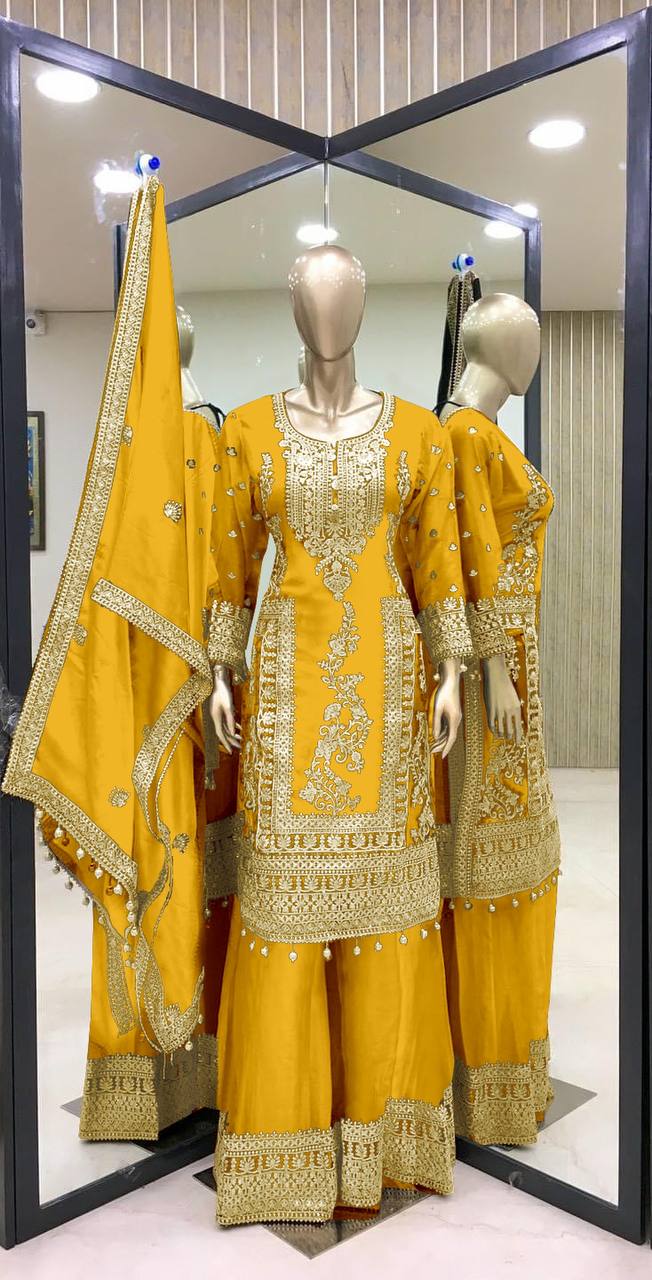 Embroidery Work Mustard Color Stylish Palazzo Suit