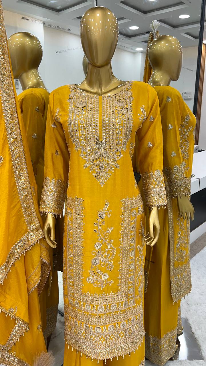 Embroidery Work Mustard Color Stylish Palazzo Suit