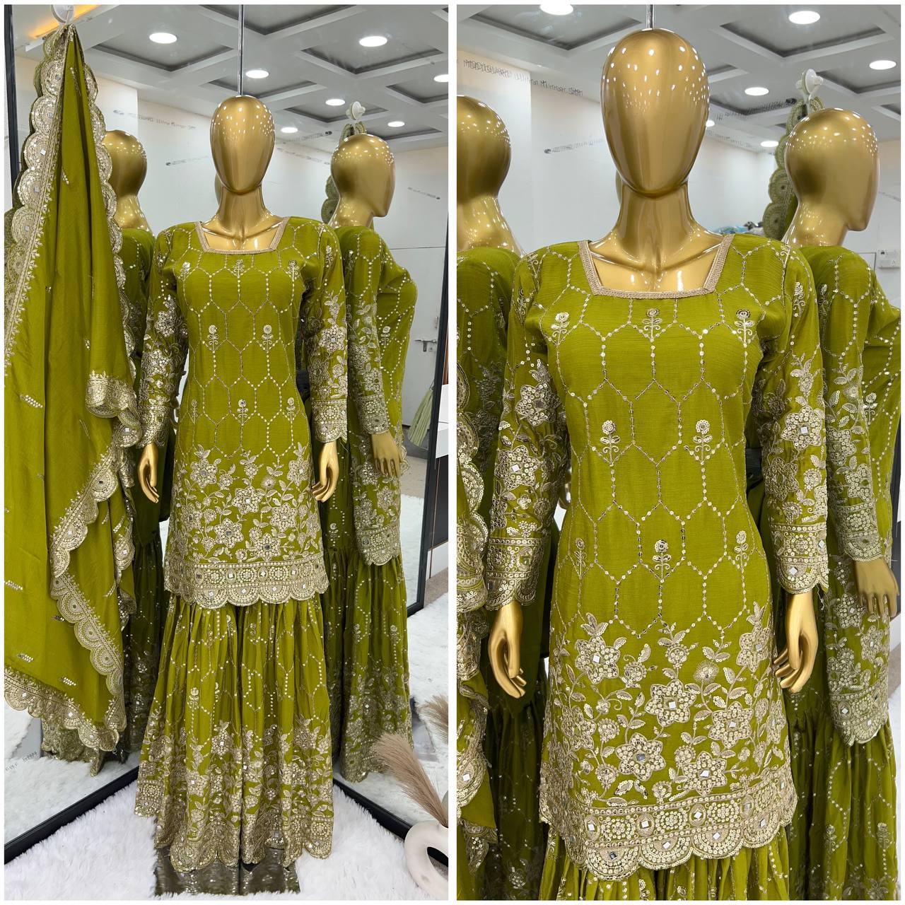 Real Mirror Embroidery Work Green Color Sharara Suit