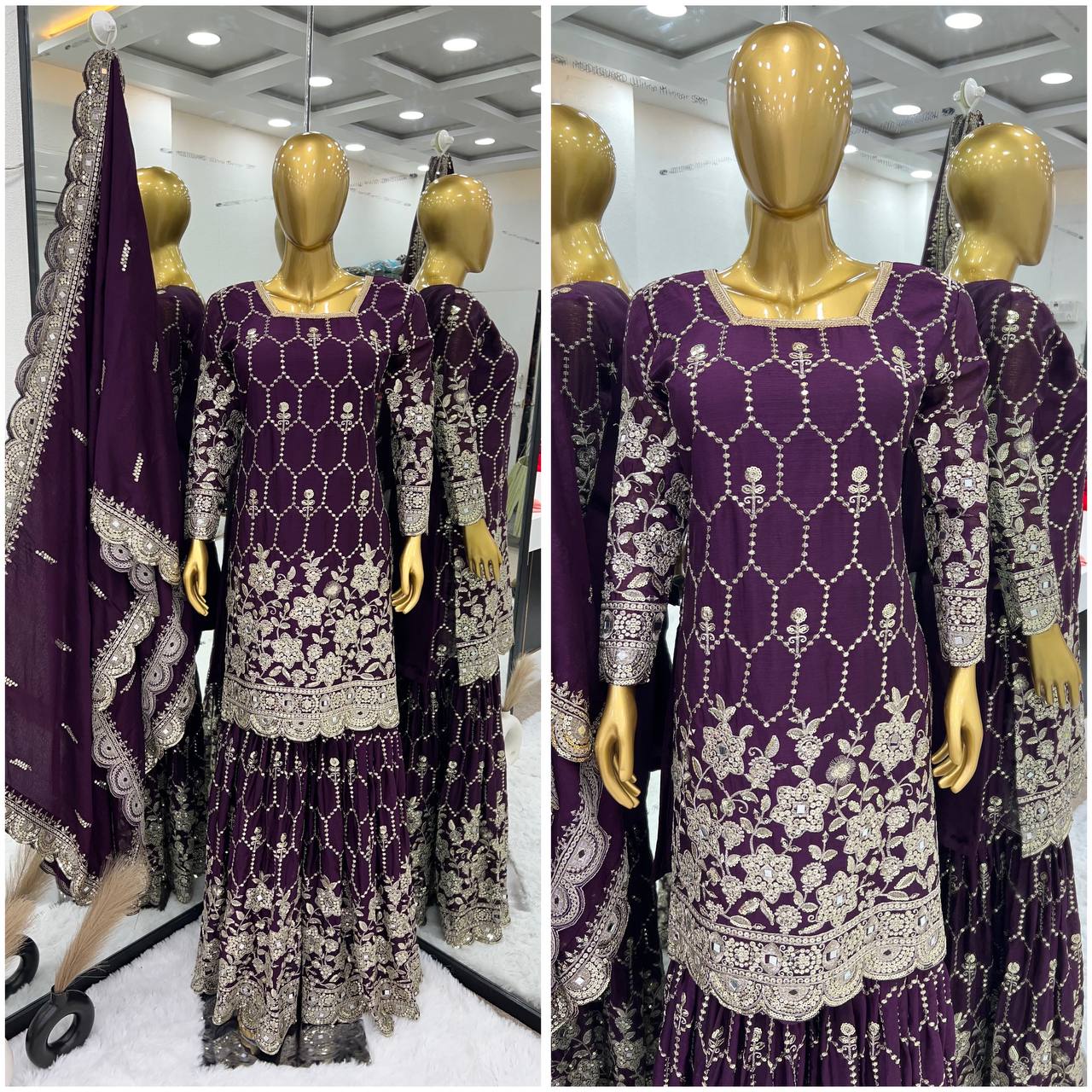 Real Mirror Embroidery Work Purple Color Sharara Suit