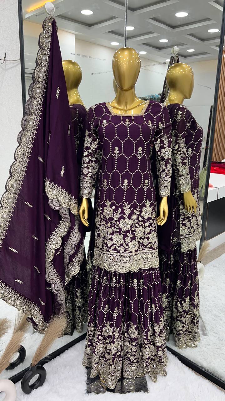 Real Mirror Embroidery Work Purple Color Sharara Suit