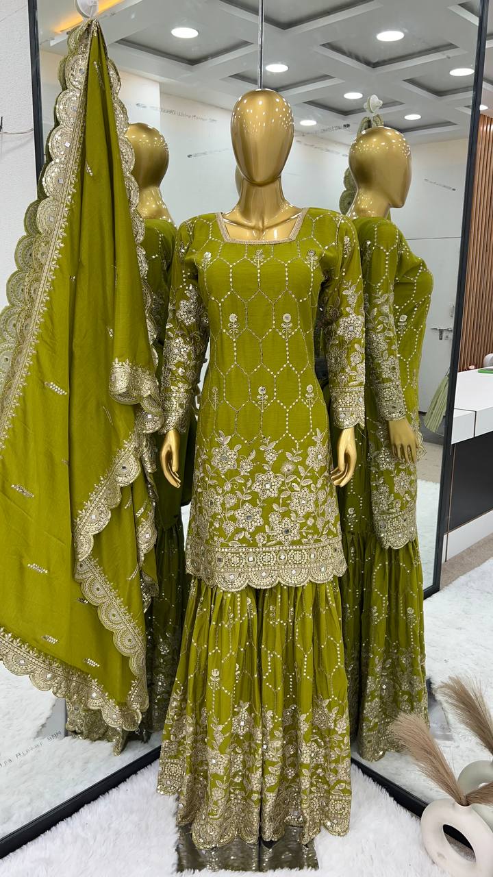 Real Mirror Embroidery Work Green Color Sharara Suit