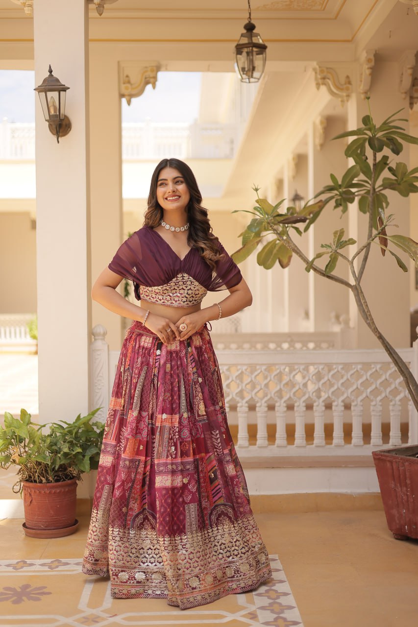 Multi Printed Wine Lehenga With Fancy Crop Top