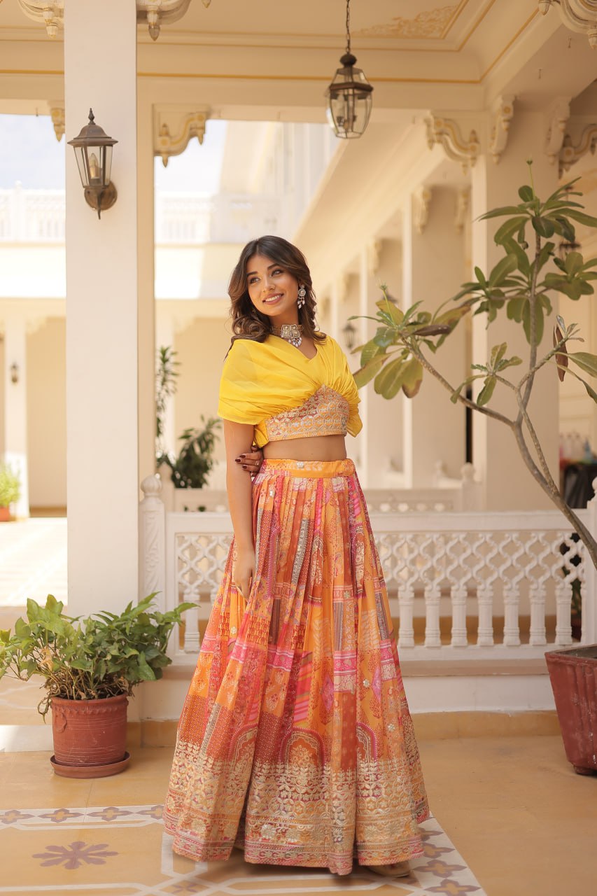 Multi Printed Yellow Lehenga With Fancy Crop Top