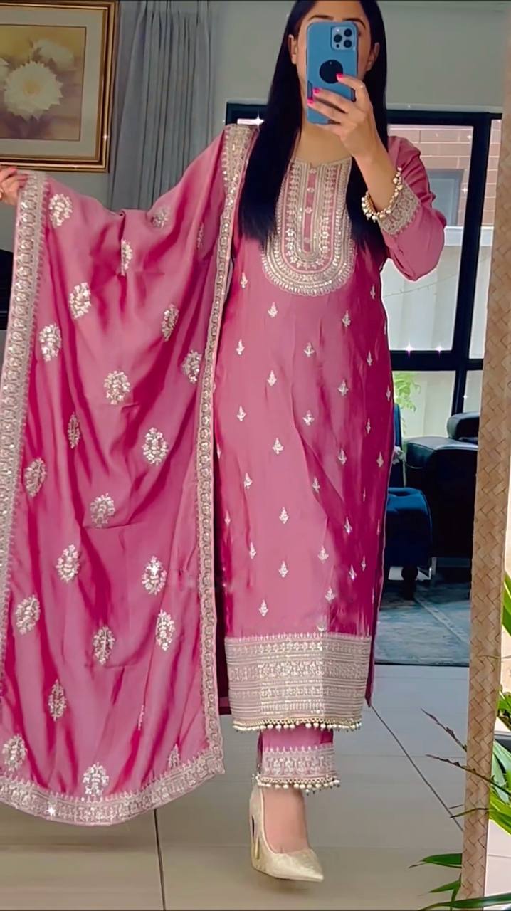 Amazing Embroidery Sequence Work Pink Color Palazzo Suit