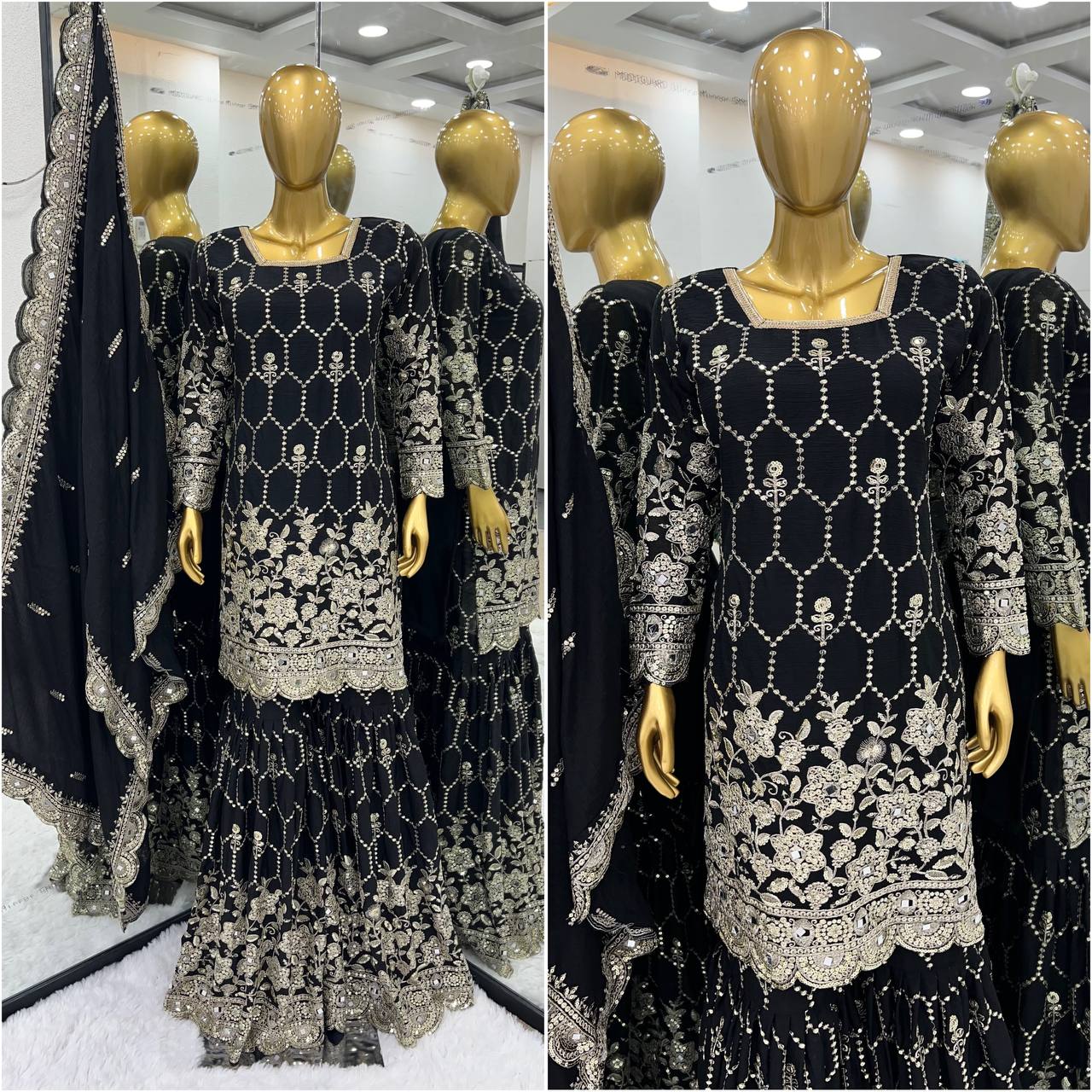 Real Mirror Embroidery Work Black Color Sharara Suit