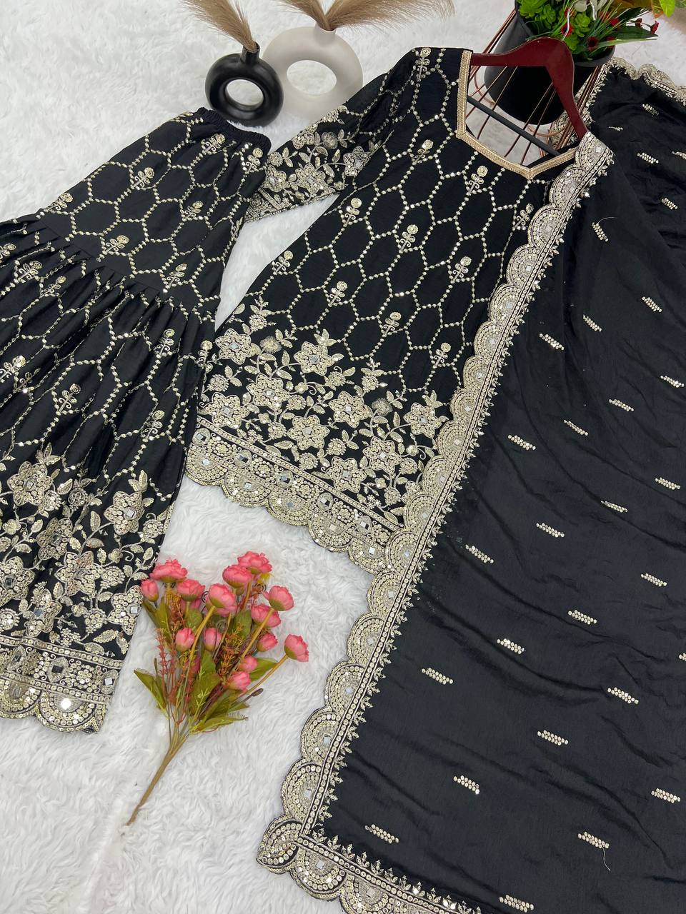 Real Mirror Embroidery Work Black Color Sharara Suit