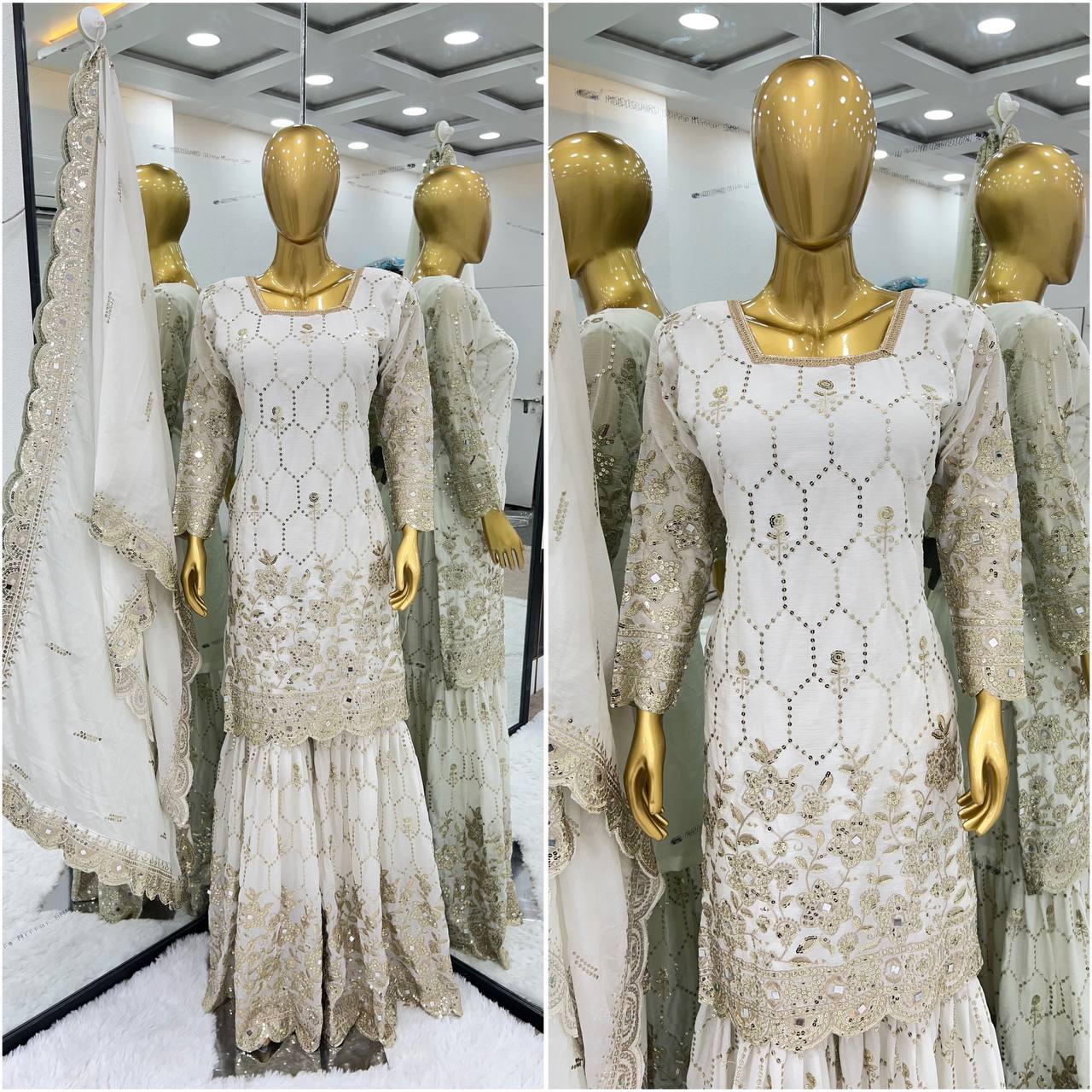 Real Mirror Embroidery Work White Color Sharara Suit