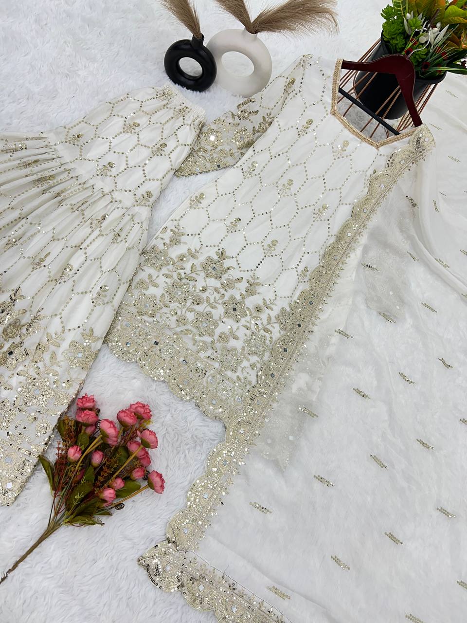 Real Mirror Embroidery Work White Color Sharara Suit