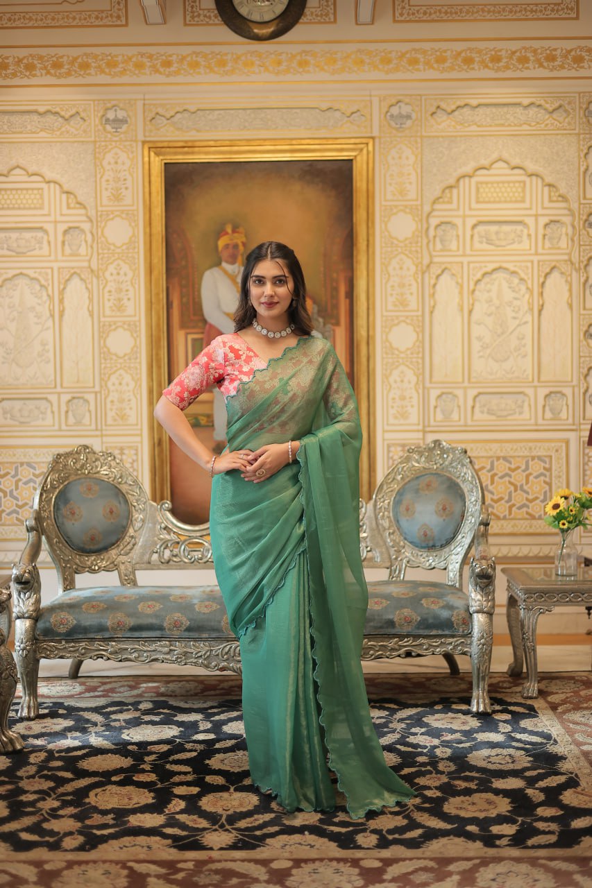 Designer Aqua Green Color Arko Cut Work Border Saree