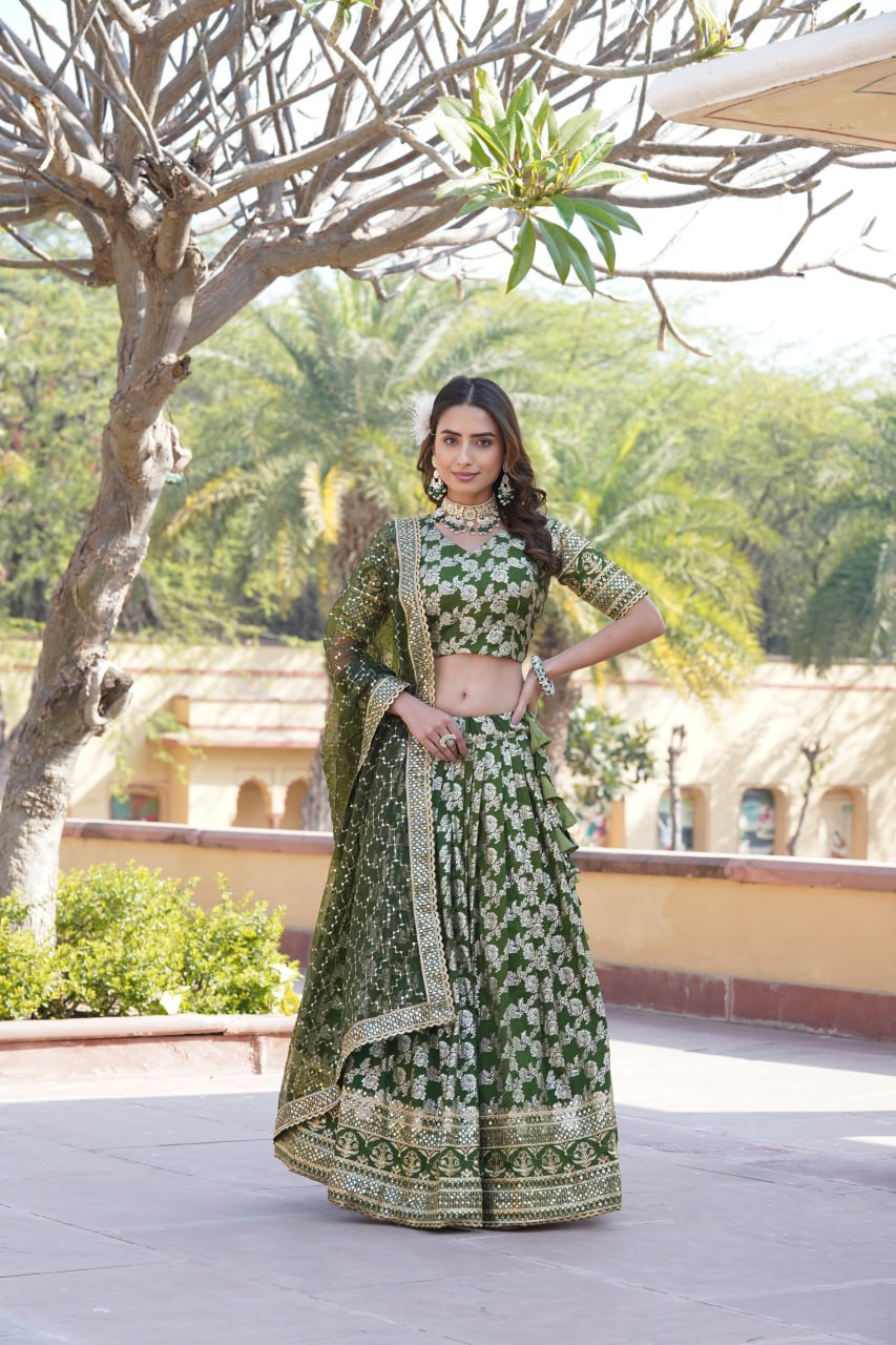 Designer Viscose Jacquard Work Green Color Lehenga Choli