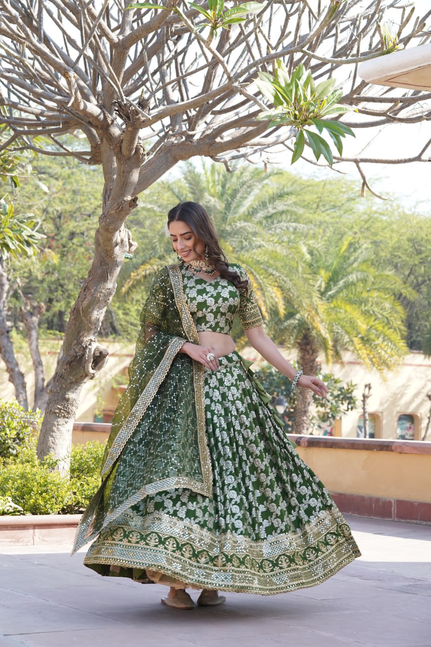 Designer Viscose Jacquard Work Green Color Lehenga Choli