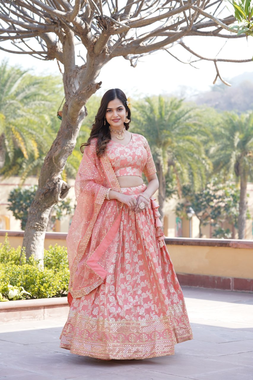 Designer Viscose Jacquard Work Peach Color Lehenga Choli