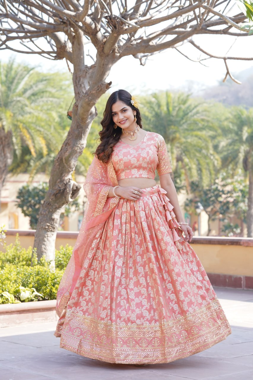 Designer Viscose Jacquard Work Peach Color Lehenga Choli