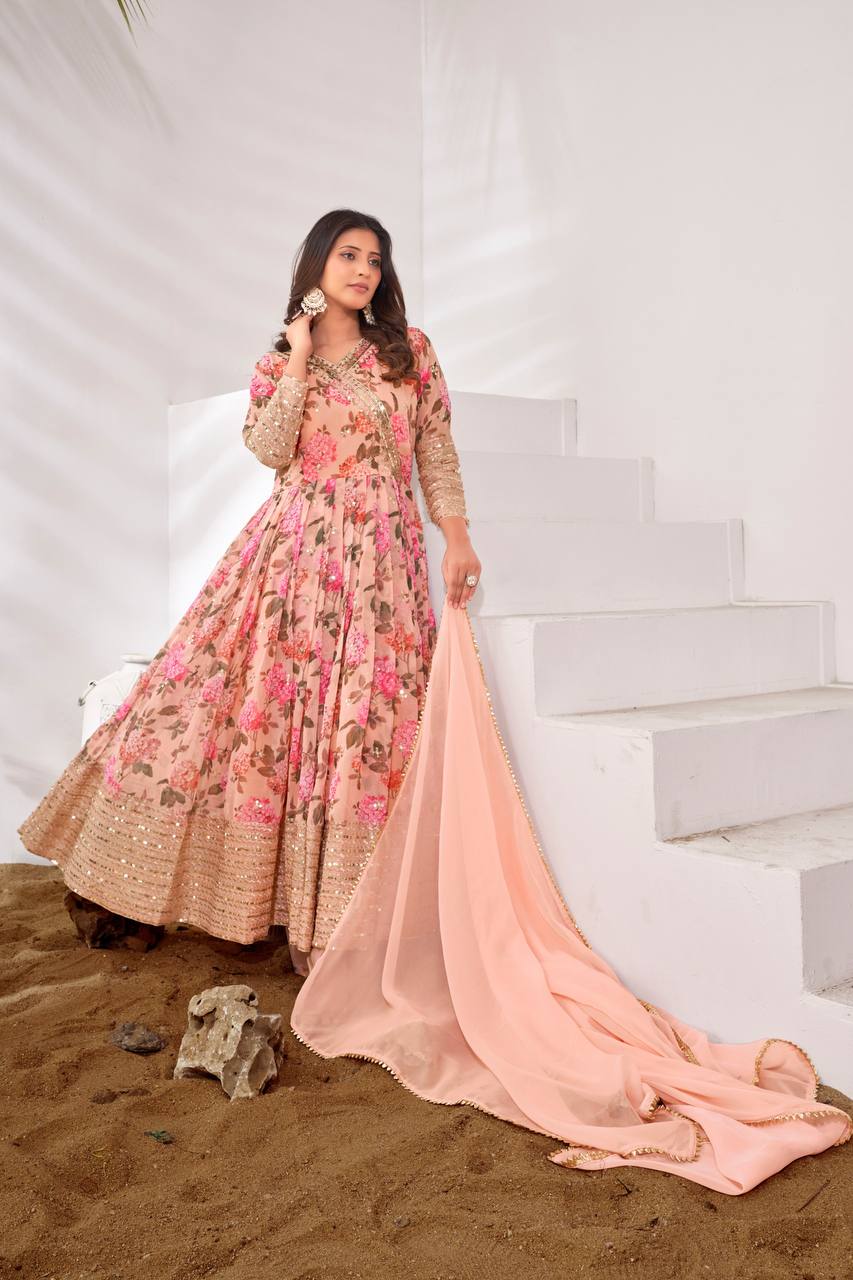 Beautiful Sequence Work Peach Color Long Gown