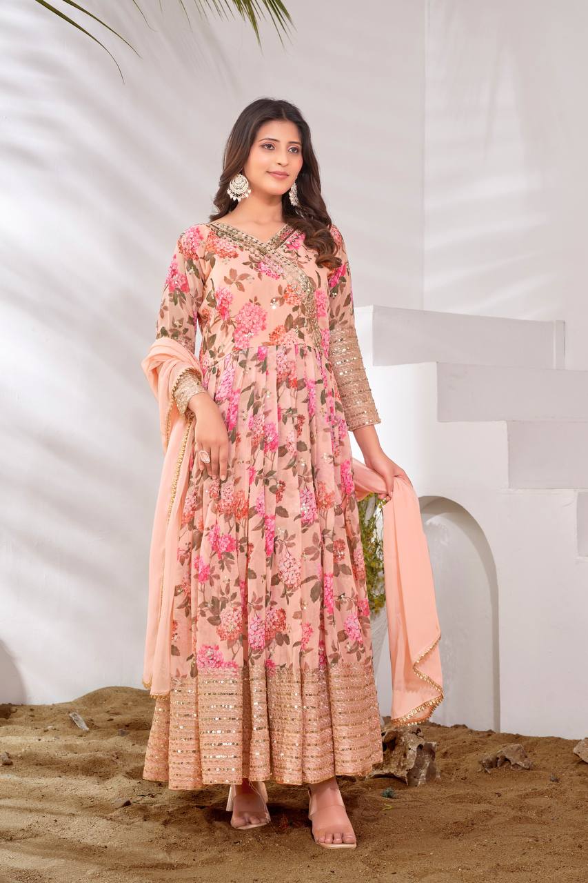 Beautiful Sequence Work Peach Color Long Gown