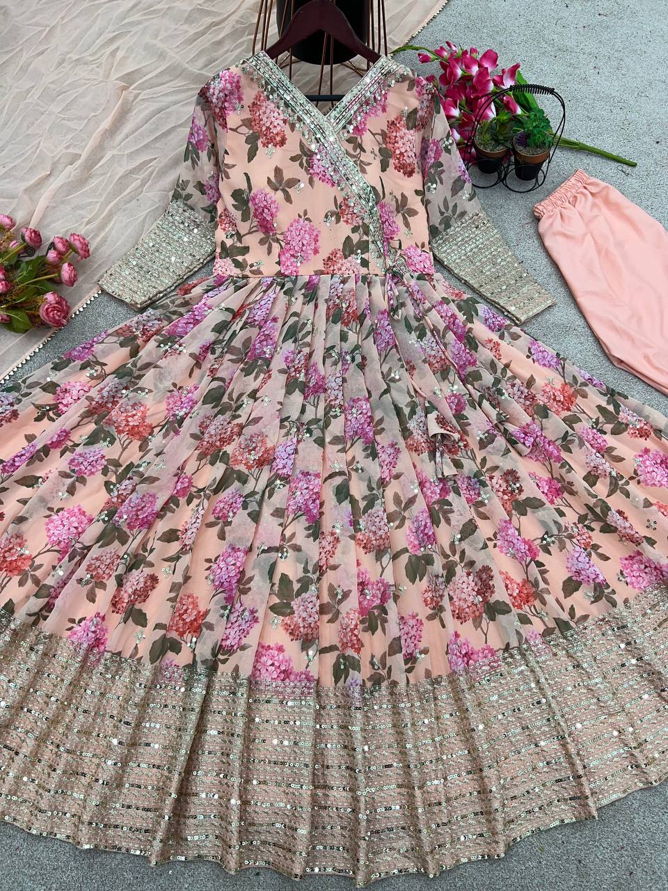 Beautiful Sequence Work Peach Color Long Gown