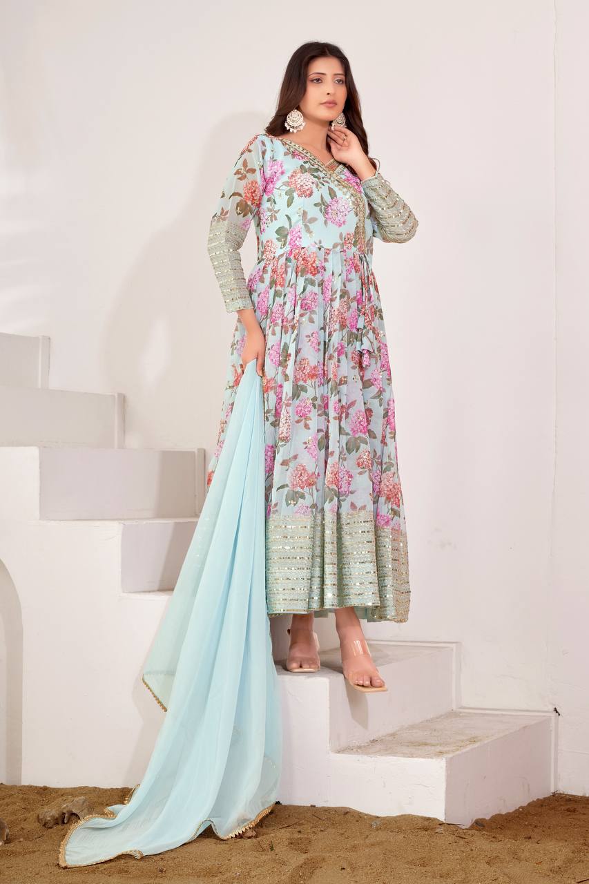 Beautiful Sequence Work Sky Blue Color Long Gown