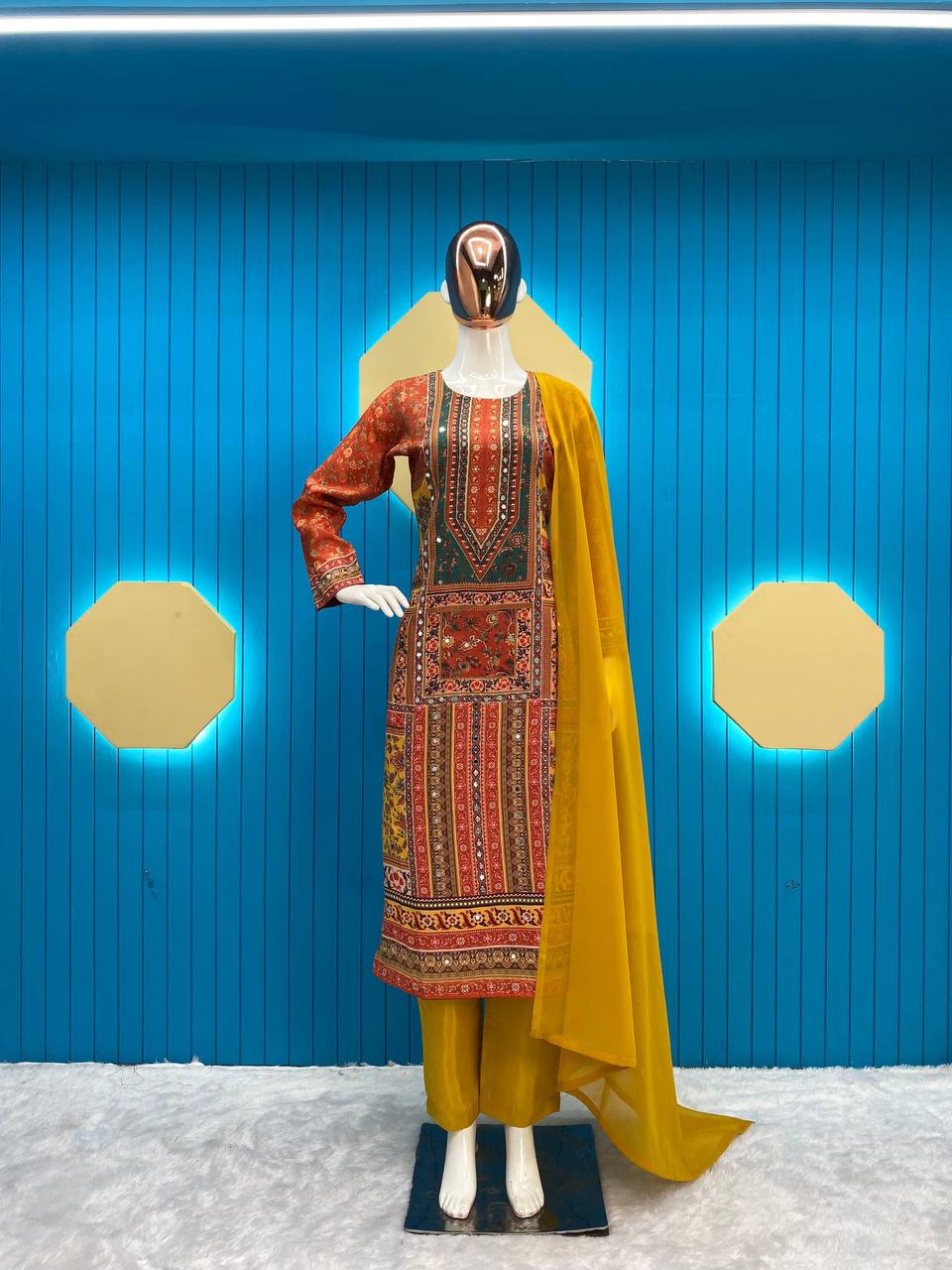 Multi Design With Mirror Work Yellow Color Salwar Suit