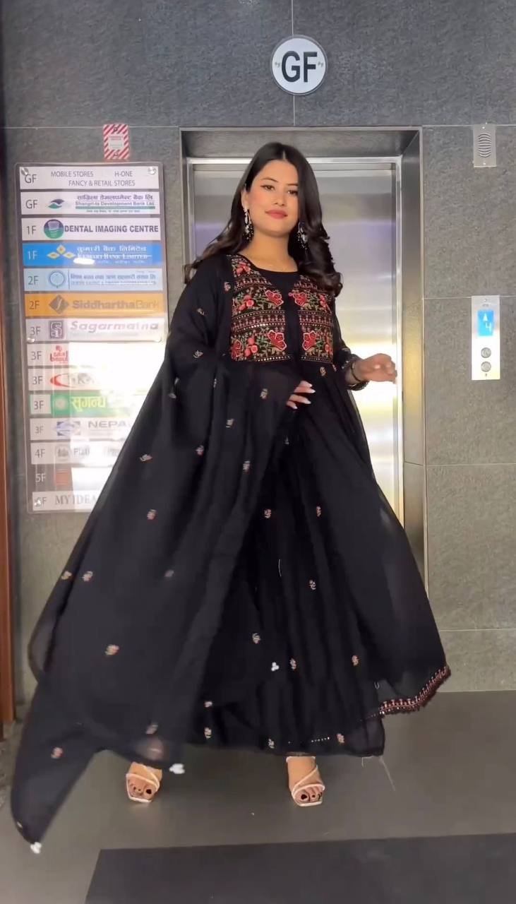 Eye Catching Black Sequence Work Anarkali Gown With Shrug