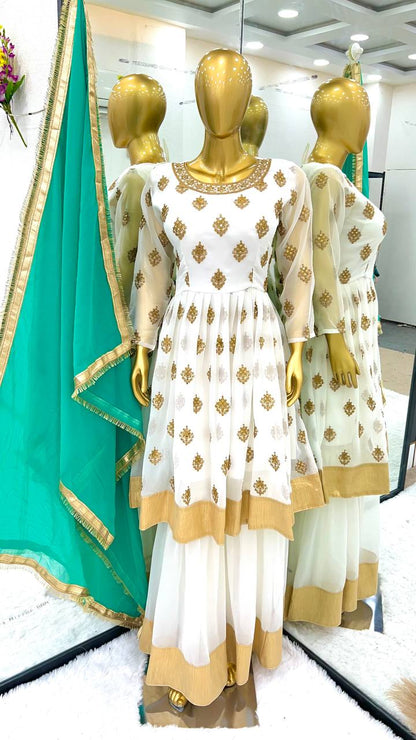 White Color Heavy Sequence Work Sharara Suit