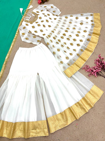 White Color Heavy Sequence Work Sharara Suit