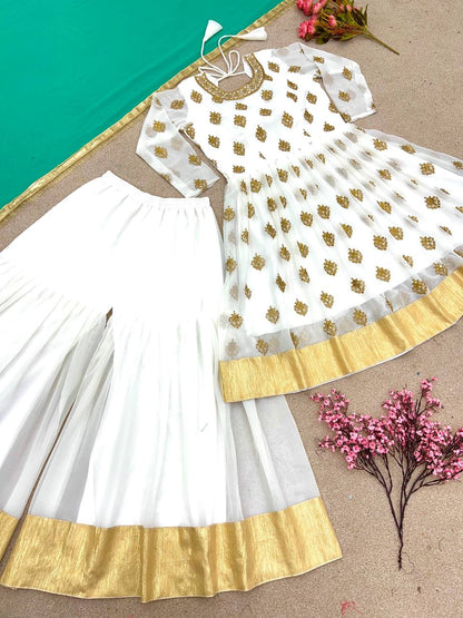 White Color Heavy Sequence Work Sharara Suit