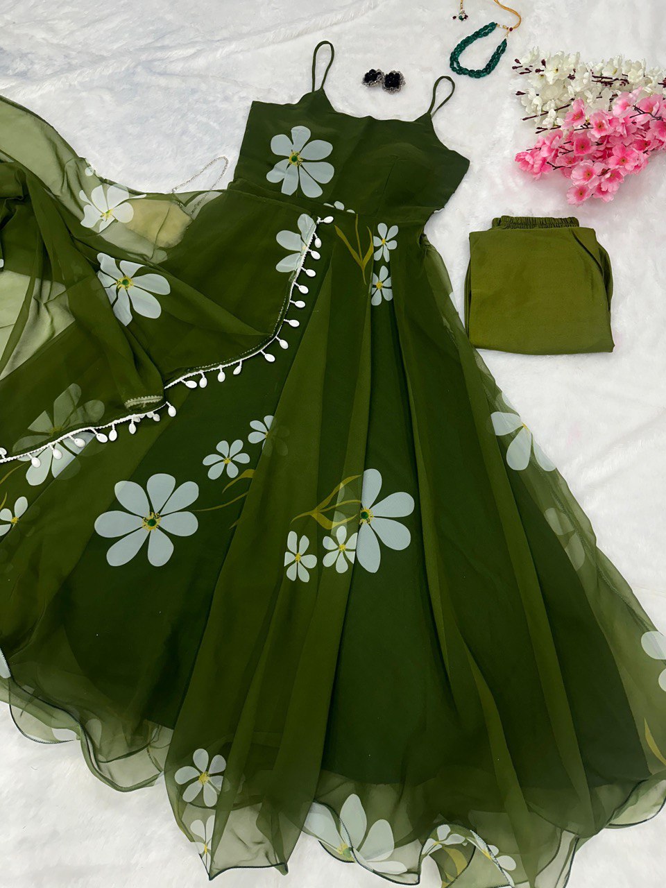 Casual Wear Green Color Printed Anarkali Gown