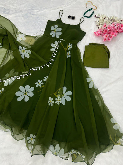 Casual Wear Green Color Printed Anarkali Gown