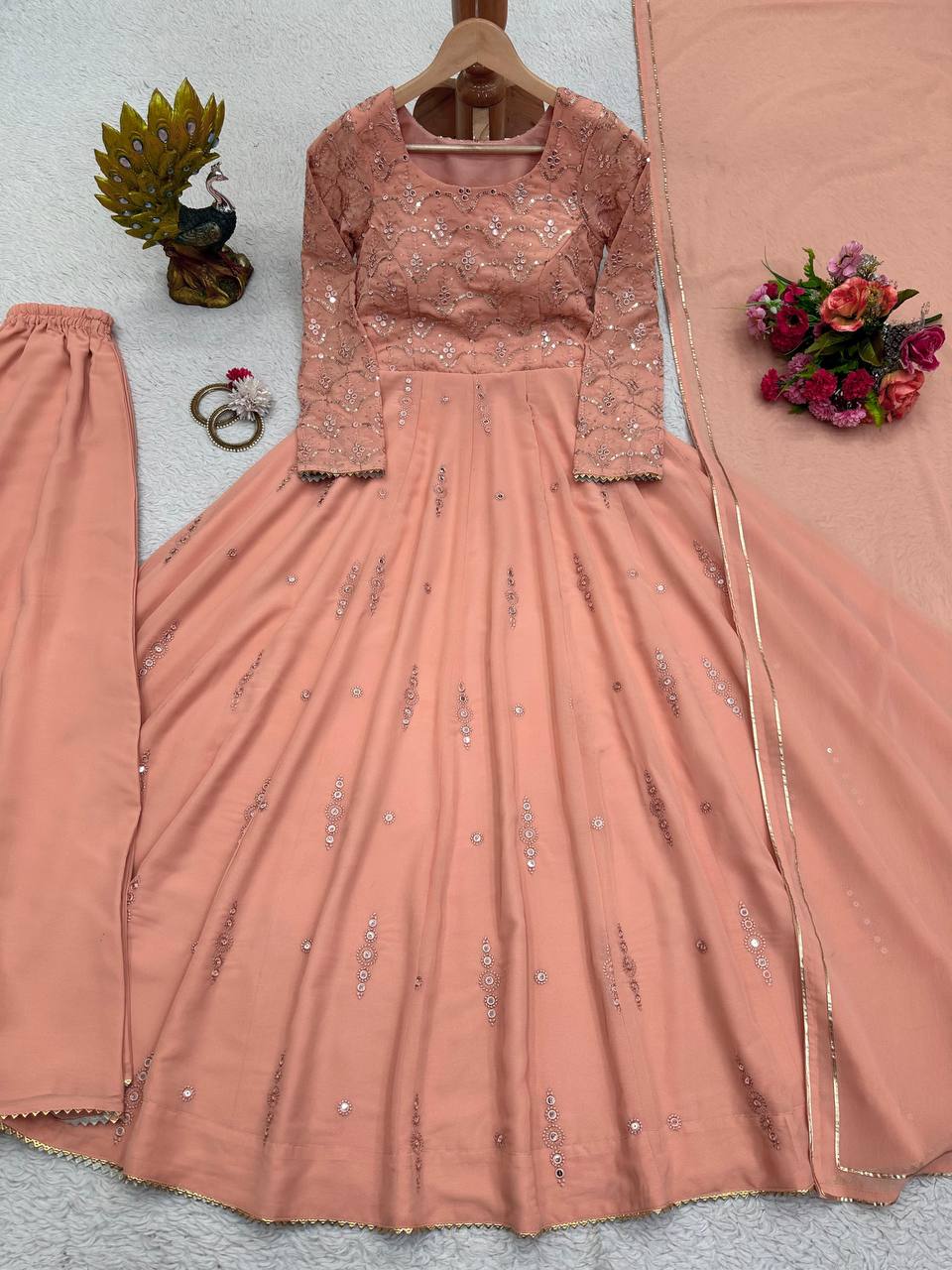 Peach Color Sequence Thread Work Anarkali Suit