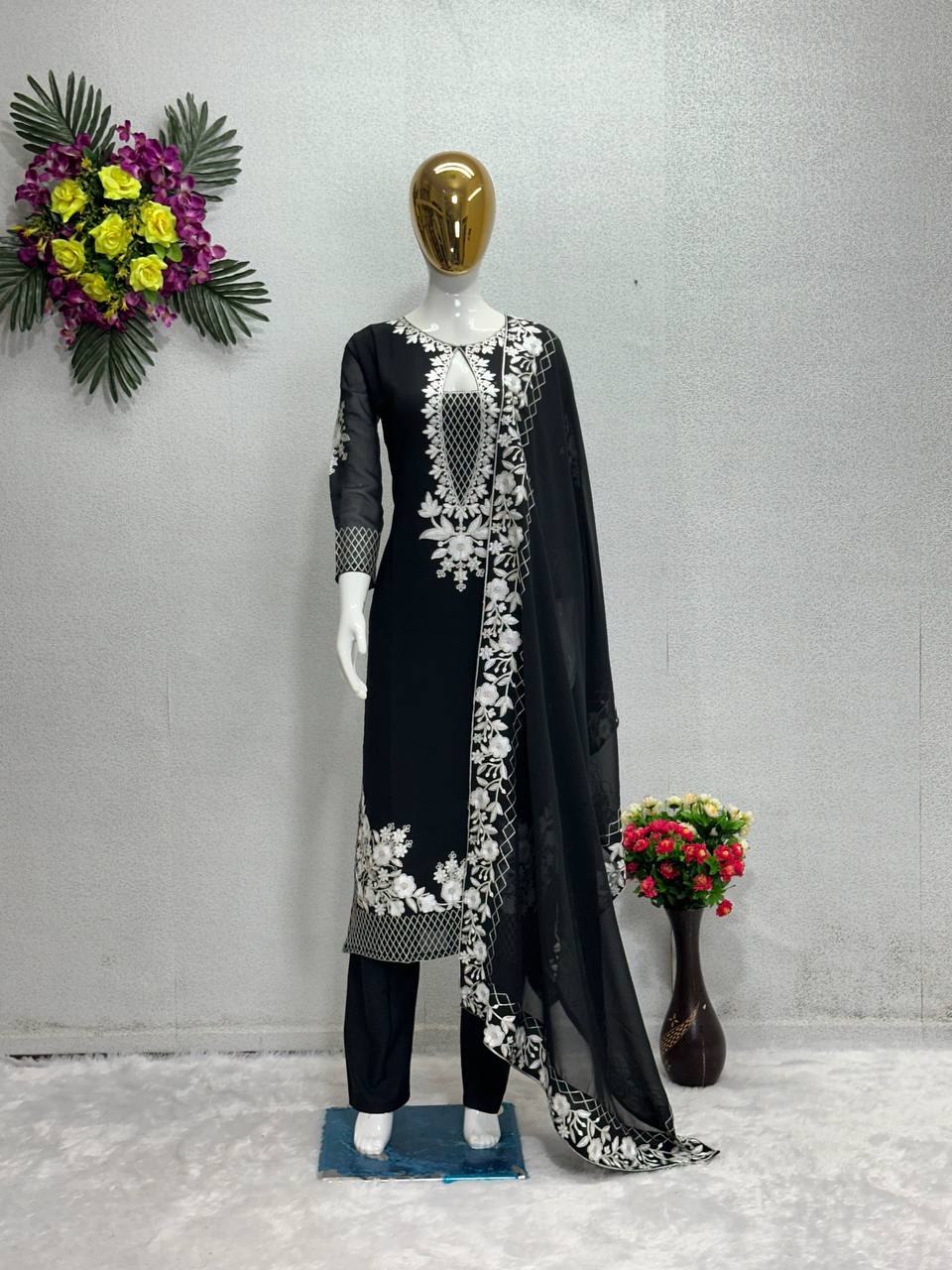 Stunning Chine Stitch Work Black Color Salwar Suit