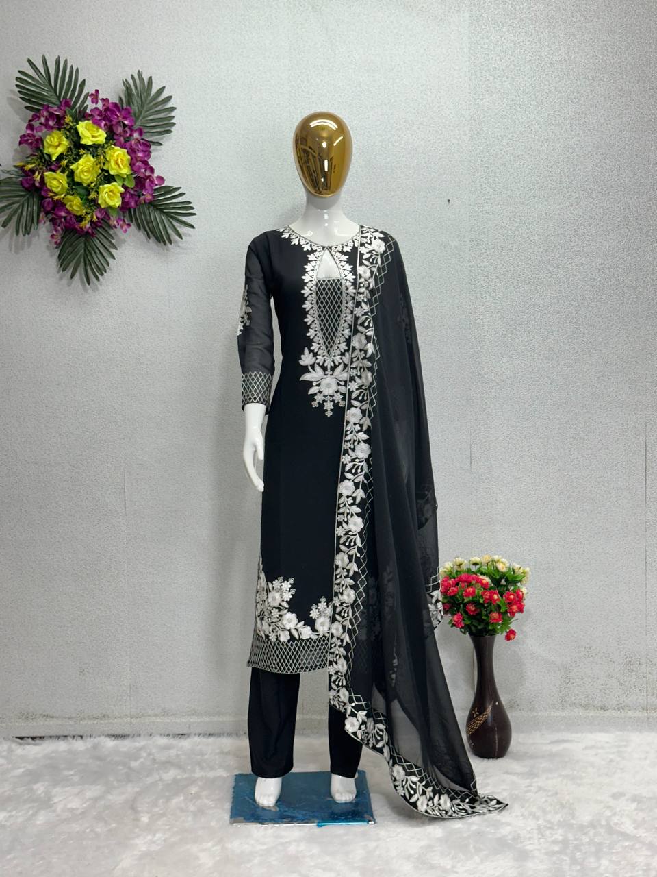 Stunning Chine Stitch Work Black Color Salwar Suit