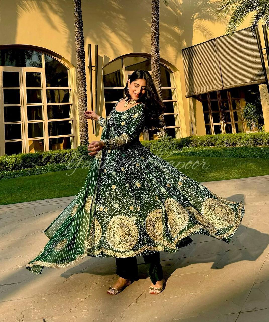 Yankita Kapoor Wear Bandhani Print Green Anarkali Gown