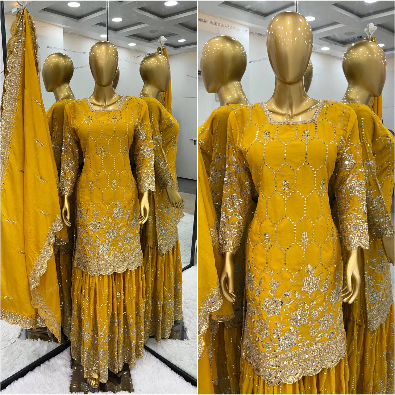 Real Mirror Embroidery Work Mustard Color Sharara Suit