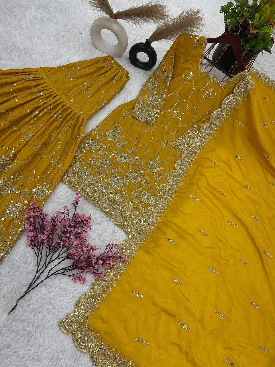 Real Mirror Embroidery Work Mustard Color Sharara Suit