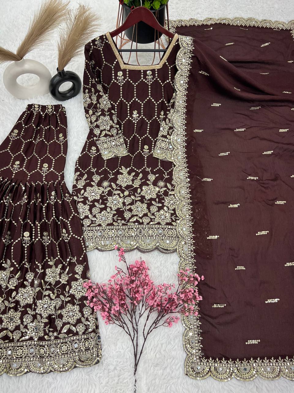 Real Mirror Embroidery Work Wine Color Sharara Suit