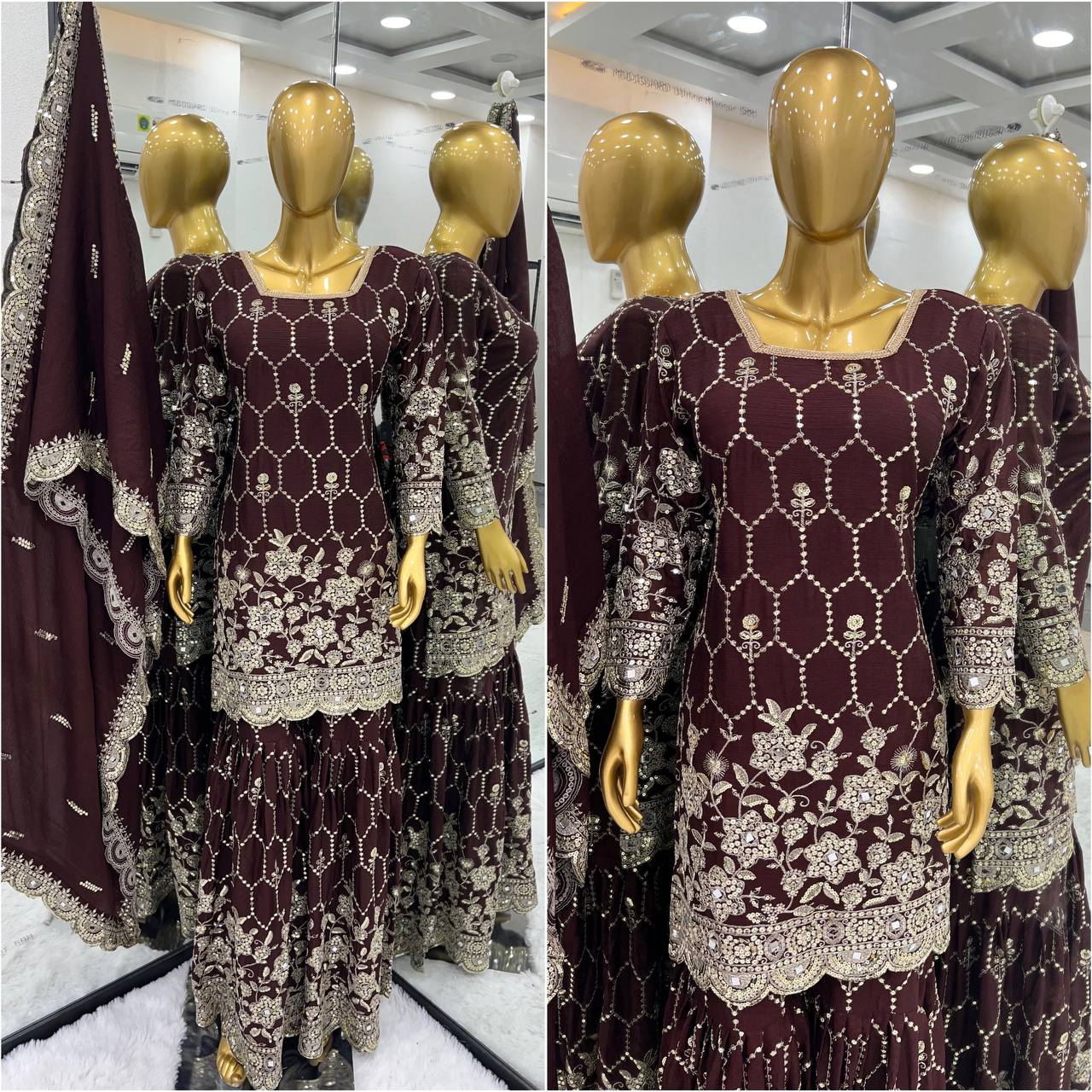 Real Mirror Embroidery Work Wine Color Sharara Suit